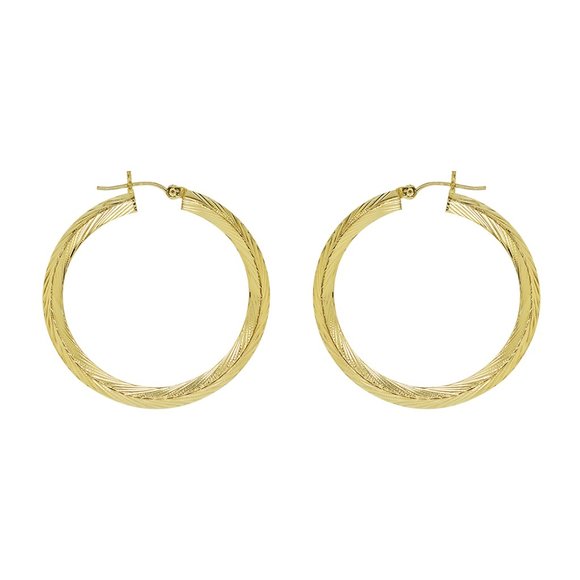14K Yellow Gold Diamond Cut Round Hoop Earrings - Picture 3 of 4